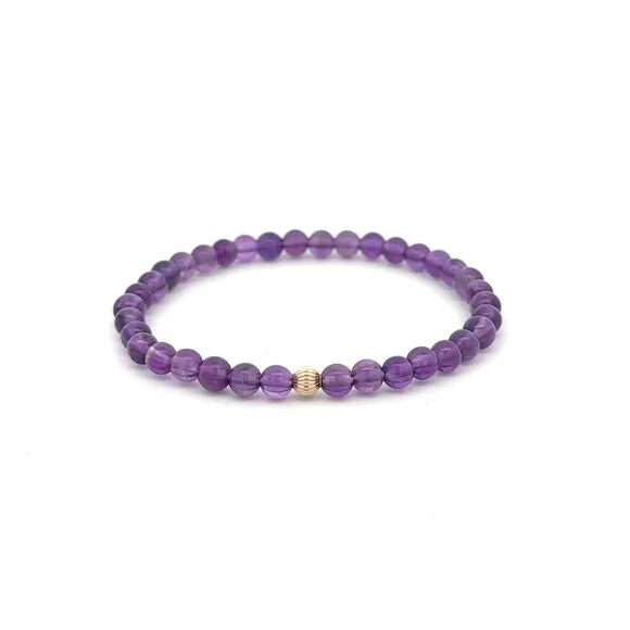 Gemstones Amethyst Mini 4mm Stretchable Bracelet 14k Gold Bead Charm Corrugated - Picture 1 of 6